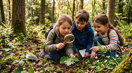 Obraz premium Nature exploration and education concept, a group of curious children using a magnifying glass to study insects and leaves on the forest floor during a field trip.