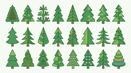 Obraz premium Eine Sammlung von 24 verschiedenen stilisierten grünen Tannenbäumen in einem flachen Vektor-Design-Set, ideal für weihnachtliche Grafiken und saisonale Dekorationen.