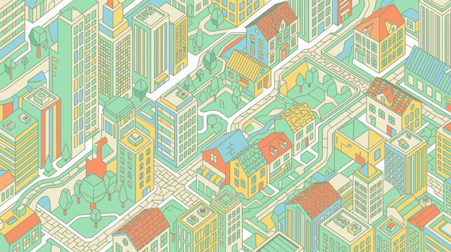 Eine isometrische Stadtansicht mit bunten H&auml;usern, Wolkenkratzern, Stra&szlig;en und gr&uuml;nen Parks in einem modernen, flachen Vektor-Illustrationsstil f&uuml;r urbane Konzepte.