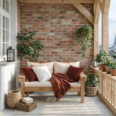 Obraz premium Cozy wooden balcony with beige sofa, red pillows, blanket, potted plants, hanging greenery, wicker baskets, and city view creates relaxing retreat