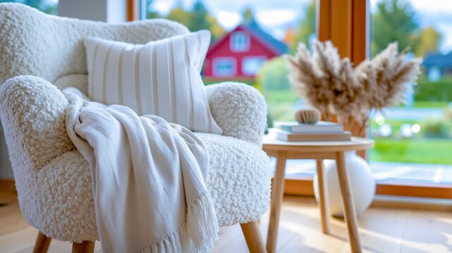 Cozy armchair with a soft knit blanket and decorative cushion beside a sunlit window, creating a warm, inviting home interior perfect for relaxation, comfort, and hygge living.