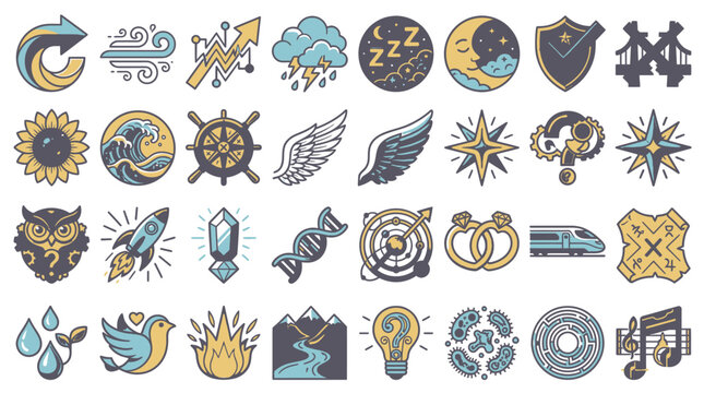 Conjunto de iconos vectoriales planos que representan diversos conceptos como naturaleza, ciencia, tecnolog&iacute;a, viajes y s&iacute;mbolos abstractos en un estilo de dise&ntilde;o gr&aacute;fico moderno y colorido.