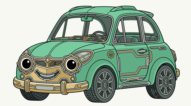 Ilustra&ccedil;&atilde;o vetorial de um carro compacto retr&ocirc; verde-&aacute;gua com um rosto amig&aacute;vel, olhos grandes e sorriso, estilo desenho animado fofo em fundo isolado.