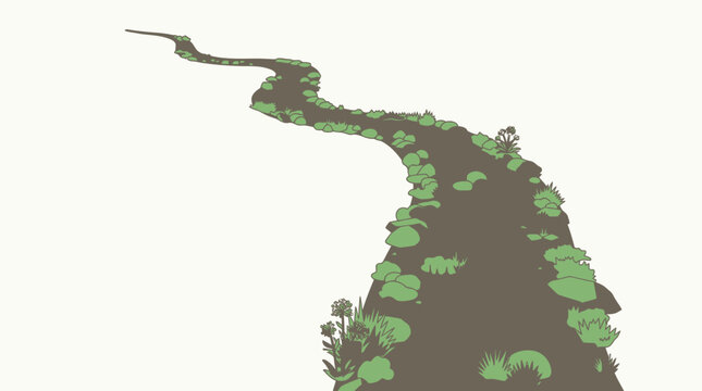 Illustration vectorielle d'un chemin sinueux en terre battue bord&eacute; de v&eacute;g&eacute;tation verte, isol&eacute; sur un fond blanc pour des projets de design cr&eacute;atif et de mise en page.