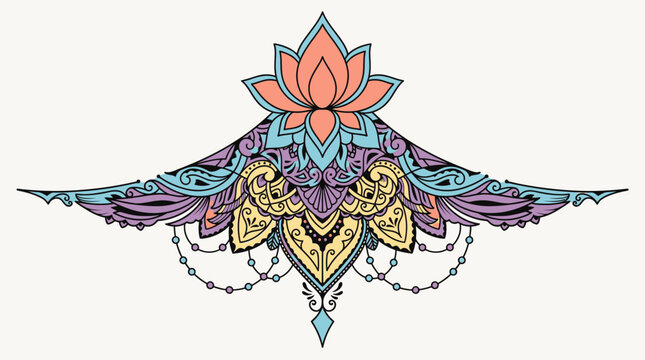 Illustration vectorielle d'un motif ornemental style mandala avec une fleur de lotus centrale et des d&eacute;tails complexes sym&eacute;triques aux couleurs pastel sur fond clair.