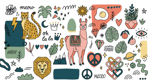 Conjunto de pegatinas dibujadas a mano con una llama, un leopardo, un le&oacute;n, elementos bot&aacute;nicos, s&iacute;mbolos de paz y formas abstractas en un estilo moderno y colorido sobre fondo blanco