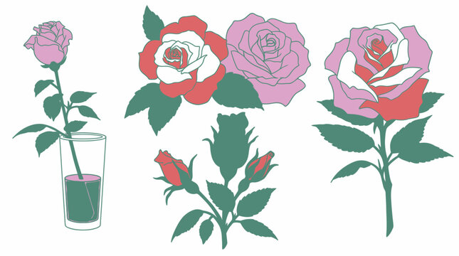Set di illustrazioni vettoriali di rose colorate in stile grafico piatto con boccioli, fiori singoli e rose in un vaso di vetro, ideale per decorazioni floreali e design creativo.
