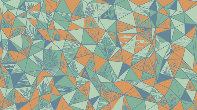 Un motif g&eacute;om&eacute;trique abstrait compos&eacute; de triangles color&eacute;s contenant des illustrations botaniques et naturelles d&eacute;licates dans des tons pastel de vert, bleu et orange.