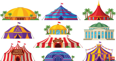 Set of assorted vintage and modern circus tents, retro shapito marquees, carnival domes, and entertainment pavilion buildings isolated on white background vector illustration © Rumi