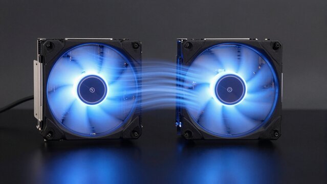 Two computer cooling fans with blue LED lights demonstrate airflow efficiency and advanced brushless motor technology in a sleek design.