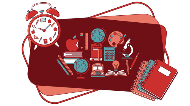 Flache Vektorillustration mit Schulmaterialien wie B&uuml;chern, Wecker, Globus, Taschenrechner und Mikroskop auf einem dunkelroten Hintergrund f&uuml;r Bildungsthemen