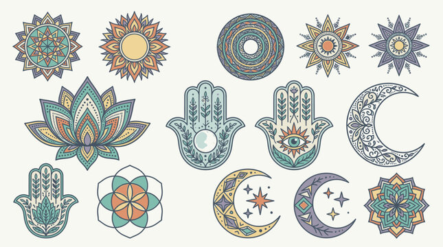Conjunto de elementos esot&eacute;ricos y espirituales con mandalas, flores de loto, manos de F&aacute;tima, lunas crecientes y s&iacute;mbolos sagrados en un estilo art&iacute;stico detallado y colorido.