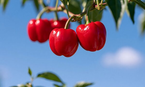 ripe red California bell peppers hanging naturally from a branch on the plant