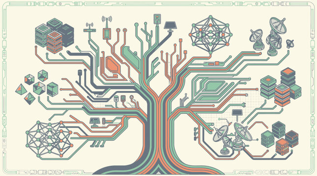 Illustrazione concettuale di un albero tecnologico con circuiti stampati, server, antenne paraboliche e nodi di rete che rappresentano la connettivit&agrave; digitale e il flusso di dati globale.