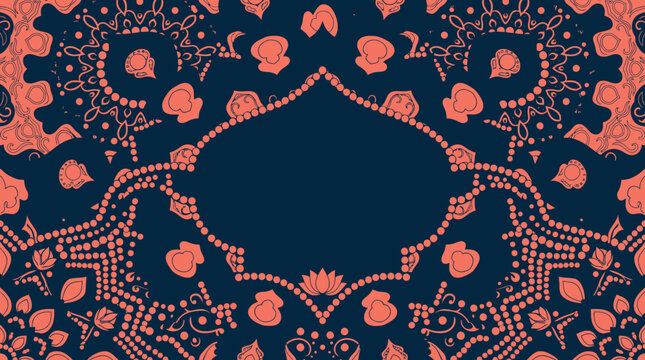 Ein dekorativer Hintergrund mit einem symmetrischen Mandala-Muster in Korallenrot auf einem tiefblauen Untergrund, das ein elegantes und orientalisches Design f&uuml;r kreative Projekte bietet.