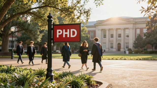 A red PHD sign stands prominently on a university campus path with graduates in robes walking by, symbolizing higher education achievement and academic success.