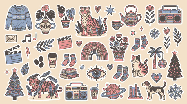 Zestaw uroczych naklejek w stylu boho z ilustracjami tygrysa, kota, psa, choinki, tęczy, roślin doniczkowych i przedmiot&oacute;w codziennego użytku na beżowym tle