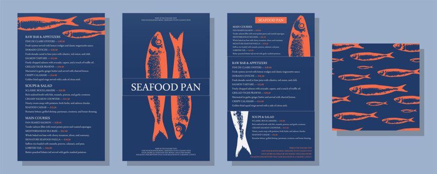  Restaurant menu Seafood template with seamless pattern set. Fish illustration minimalist layout, anchovy  Ocean sea fish cuisine card background branding design