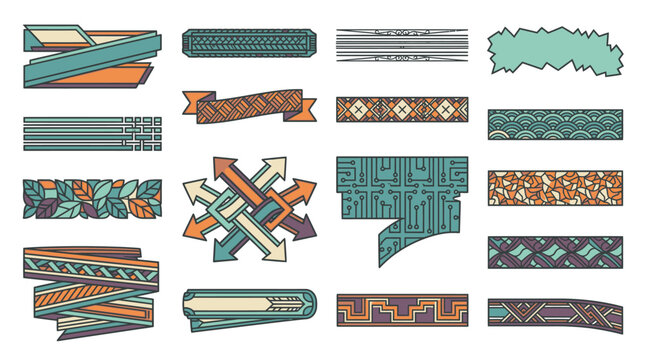 Conjunto de elementos gr&aacute;ficos decorativos com fitas, faixas, bordas ornamentadas e setas entrela&ccedil;adas em estilo ilustrativo vintage com paleta de cores terrosas e azuladas.