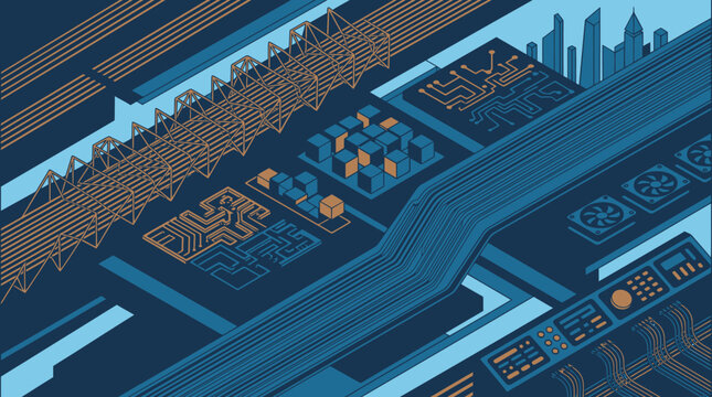 Illustrazione isometrica di un complesso circuito elettronico con elementi di citt&agrave; futuristica, componenti hardware, schemi di schede madri e connettivit&agrave; digitale su sfondo blu scuro.