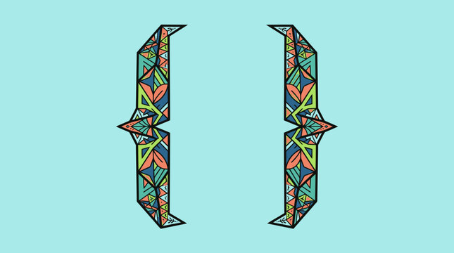 Dekorative geschweifte Klammern mit einem bunten, geometrischen Mosaikmuster auf einem hellblauen Hintergrund f&uuml;r modernes Grafikdesign und Programmierung