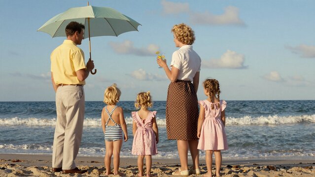 A nostalgic scene of an American family dressed in 1950s attire enjoying a sunny day at the beach, with father holding an umbrella and mother sipping a drink.