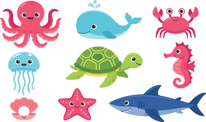 Cute Sea Life Vector Set with Smiling Cartoon Marine CreaturesCute Sea Life Vector Set with Smiling Cartoon Marine Creatures © MDMAZADUR