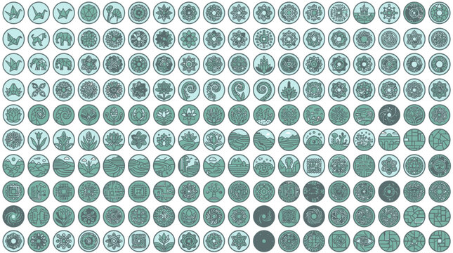 Conjunto de iconos circulares con diversos dise&ntilde;os geom&eacute;tricos, florales y abstractos en tonos verde azulado sobre un fondo blanco, ideal para elementos de dise&ntilde;o gr&aacute;fico y logotipos.