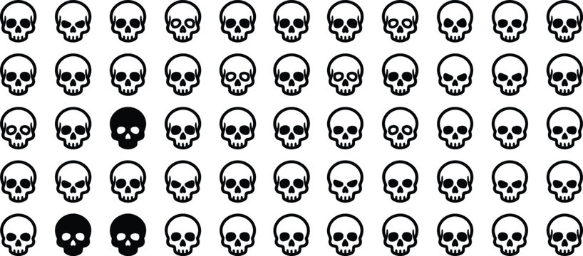 Set of simple skull icons in different styles isolated on transparent background.
