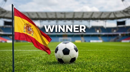Naklejka premium A football on the grass with the Spanish flag waving, symbolizing victory and triumph in a football match.