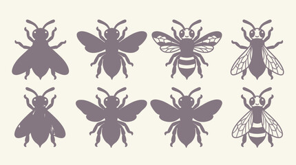 Fototapeta premium Ensemble d'icônes vectorielles représentant des abeilles stylisées avec des silhouettes et des détails graphiques sur un fond clair pour des projets de design naturel.