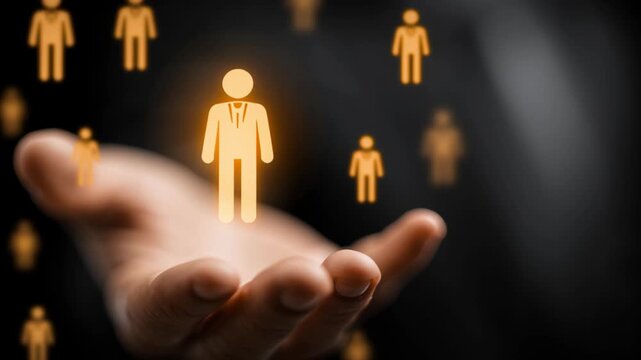 Glowing human icons floating above an outstretched hand, symbolizing talent acquisition, leadership, recruitment, workforce management, human resources, and business growth.