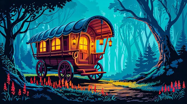 Enchanted vintage gypsy caravan glowing in magical forest at twilight