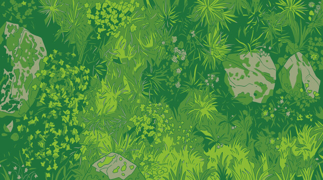 Ilustra&ccedil;&atilde;o vetorial de fundo plano com padr&atilde;o de folhagem densa, grama verde, plantas tropicais e pedras cinzentas, criando uma textura natural e org&acirc;nica para design gr&aacute;fico.