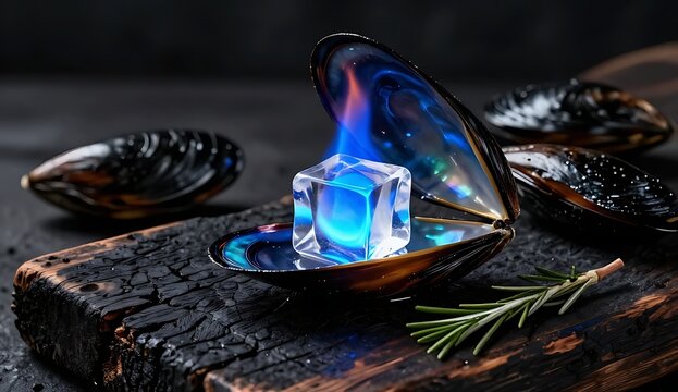 Surreal concept of burning ice cube with blue fire flame inside polished mussel shell on charred wooden background