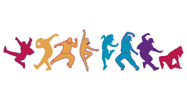 Colecci&oacute;n de siluetas coloridas de personas bailando hip hop y breakdance en diversas poses din&aacute;micas sobre un fondo blanco aislado para dise&ntilde;o gr&aacute;fico