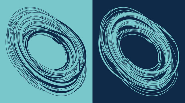 Illustration abstraite compos&eacute;e de lignes circulaires entrelac&eacute;es cr&eacute;ant un effet de profondeur dynamique sur des fonds bicolores bleu clair et bleu fonc&eacute; contrast&eacute;s.