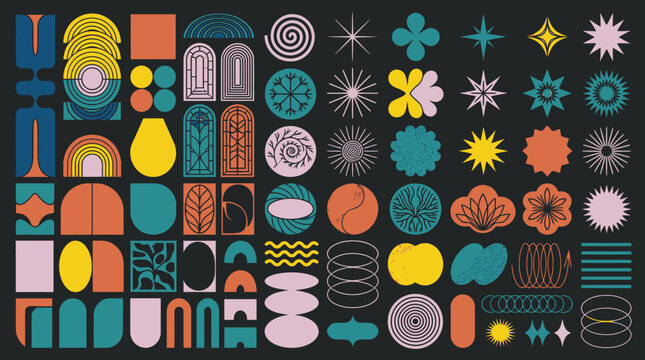 Colecci&oacute;n de elementos gr&aacute;ficos abstractos y formas geom&eacute;tricas de estilo retro moderno con iconos minimalistas sobre un fondo oscuro para dise&ntilde;o creativo y branding