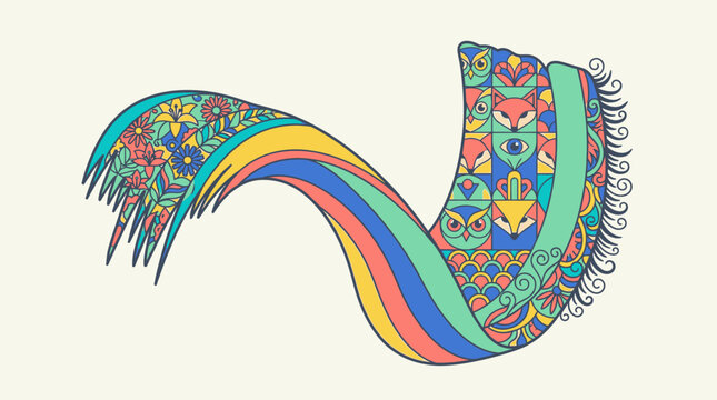 Ilustraci&oacute;n vectorial de una bufanda colorida con patrones geom&eacute;tricos de zorros y b&uacute;hos, estilo art&iacute;stico decorativo con flecos y dise&ntilde;o fluido sobre un fondo claro.