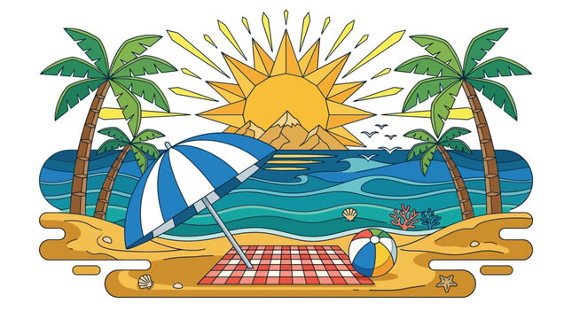 Eine farbenfrohe, flache Vektorillustration eines sonnigen Strandes mit Palmen, einem gestreiften Sonnenschirm, einer Picknickdecke und einem Strandball vor dem Ozean.