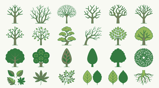 Eine Sammlung von verschiedenen Baum-Symbolen und Blattformen in gr&uuml;nen Farbt&ouml;nen, die als flache Vektorgrafiken auf einem hellen Hintergrund f&uuml;r Designprojekte dargestellt sind.