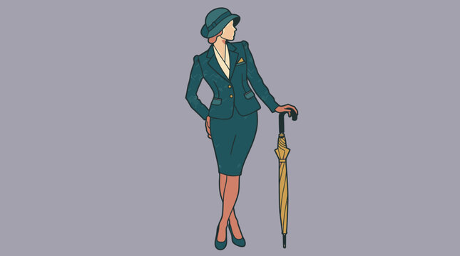Illustrazione vettoriale di una donna elegante in stile vintage anni '40 che indossa un tailleur blu scuro e un cappello coordinato, mentre tiene in mano un ombrello chiuso.