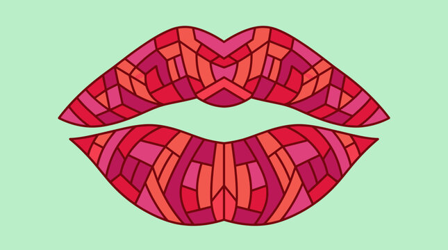 Stylowa ilustracja graficzna przedstawiająca usta w stylu witrażowym z geometrycznymi wzorami w odcieniach czerwieni i r&oacute;żu na jasnym miętowym tle, idealna do projekt&oacute;w modowych.