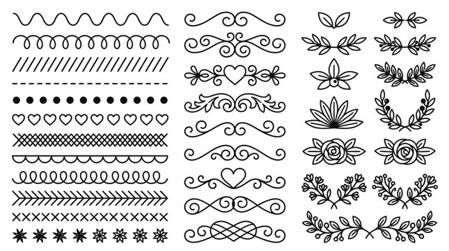 Set di elementi decorativi calligrafici disegnati a mano, inclusi bordi, divisori, ghirlande floreali e ornamenti a cuore in stile vintage su sfondo bianco per progetti grafici.