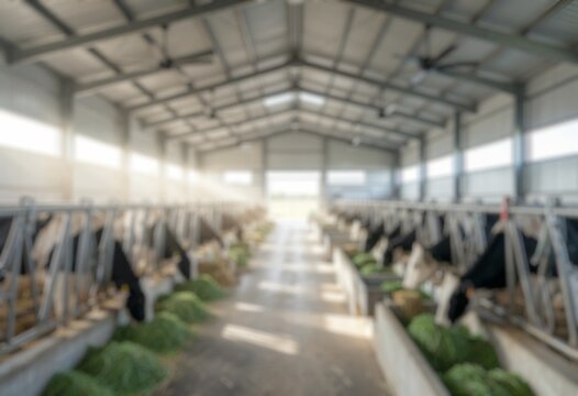 Defocused dairy cattle eating inside a New Zealand barn, perfect for agriculture and livestock concepts.