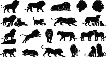 Collection of black lion silhouettes featuring various poses like jumping, sitting, and walking isolated on a white background for © GR Graphics