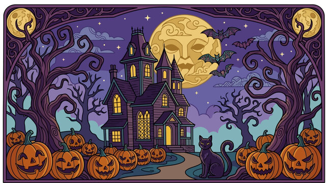 Ilustracja w stylu vintage przedstawiająca nawiedzony dom w noc Halloween z dyniami, czarnym kotem, latającymi nietoperzami oraz pełnią księżyca z twarzą na fioletowym tle.