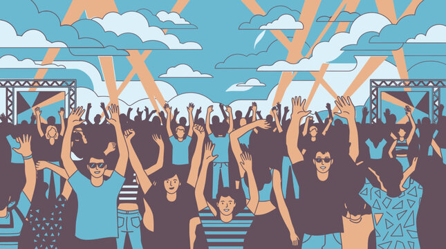 Uma ilustra&ccedil;&atilde;o vetorial vibrante de uma multid&atilde;o animada em um festival de m&uacute;sica ao ar livre com pessoas dan&ccedil;ando, bra&ccedil;os levantados e ilumina&ccedil;&atilde;o de palco sob um c&eacute;u azul com nuvens.