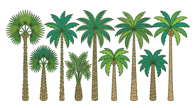 Eine Sammlung verschiedener tropischer Palmenarten im flachen Vektor-Illustrationsstil, isoliert auf wei&szlig;em Hintergrund f&uuml;r grafische Designprojekte.