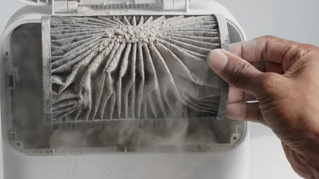 Dirty air filter pulled out by hand from appliance showing dust and debris, emphasizing cleaning and maintenance for home appliance filters